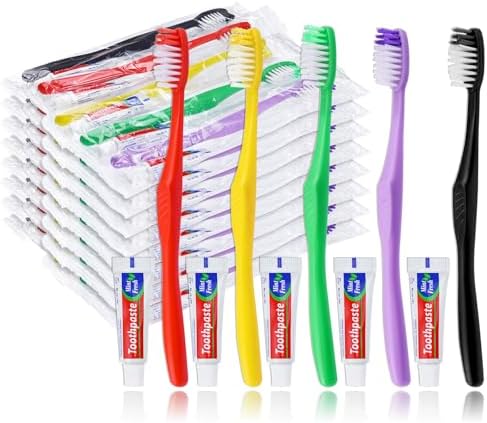 50pcs Disposable Toothbrushes with Toothpaste,Single Use Toothbrush with Toothpaste Individually Wrapped Disposable Travel Toothbrushes Kit Bulk for Homeless,Hotel,Guests(5 Colors)