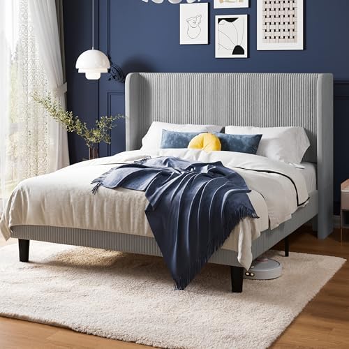 Allewie Queen Size Bed Frame with Upholstered Wingback Headboard, Vertical Channel Tufted Corduroy Velvet Platform Bed, Strong Wooden Slats Support, No Box Spring Needed, Easy Assembly, Light Grey