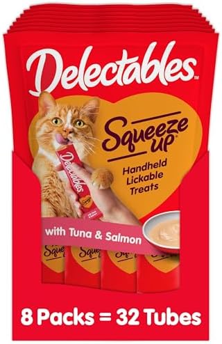 Hartz Delectables Squeeze Up Interactive Lickable Wet Cat Treats for Adult & Senior Cats, Tuna & Salmon, 4 Count(Pack of 8)