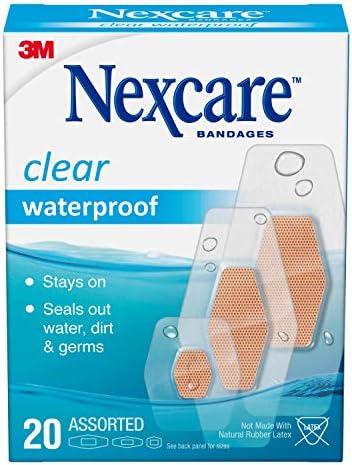 Nexcare Waterproof Bandages, Stays on in the Pool, Holds for 12 Hours, Clear Bandages for Fingers and Elbows - 20 Pack Waterproof Bandages
