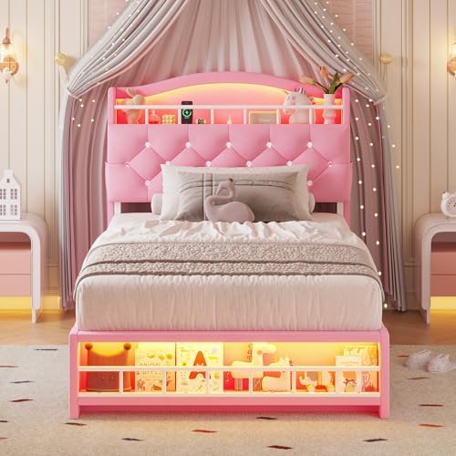 Twin Size Bed Frame with LED Lights, Princess Velvet Upholstered Platform Bed for Girls, Headboard with Charging Station & Guardrail & Crystal Button, No Box Spring Needed, Pink