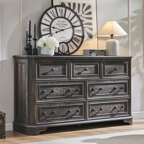 T4TREAM Farmhouse 7 Drawers Dresser for Bedroom, 54" Wide Wood Rustic Chest of Drawers with Natural Texture, Vintage Design, Storage Dressers Organizer for Bedroom, Living Room, Dark Rustic Oak