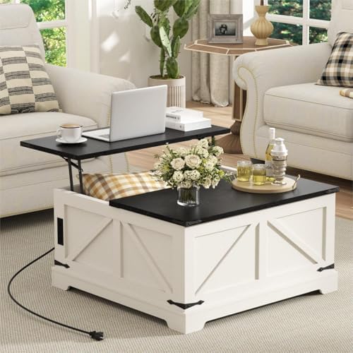 Coffee Table with Storage, 31.5" W Farmhouse Lift Top Wood Square Center Table with Charging Station, Rustic Cocktail Tables with Flip Top Lids for Living Room, Home Office, Rustic White