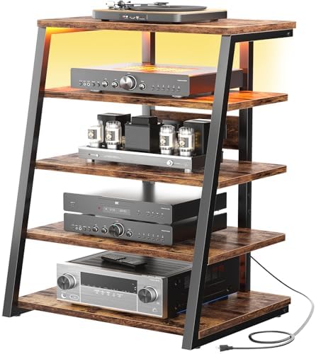 Armocity 5-Tier AV Media Stand with Power Strips, Media Console with LED Lights, Audio Tower Rack with Adjustable Shelves, Stereo Stands and Racks, 40.8'', Rustic Brown