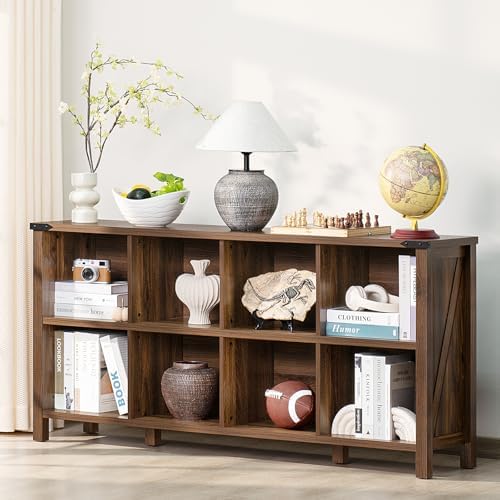 8 Cube Book Shelf, Farmhouse Wood Long Storage Organizer Bookcase, 62" Horizontal Brown Walnut Console Closet Bookshelf, Hallway TV Stand for Entryway, Display Cabinet Book Case for Office