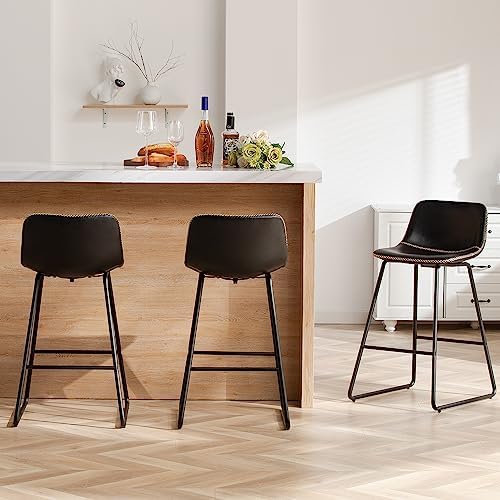 HeuGah Bar Stools Set of 3, 26 Inch Counter Height Barstools with Back Black Modern Faux Leather Bar Height Stools for Kitchen Island Counter Chairs with Metal Legs