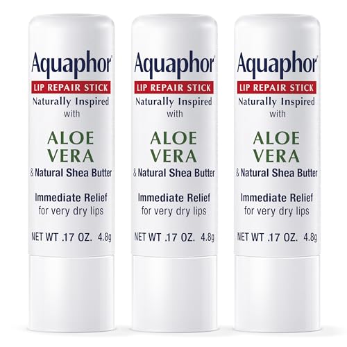 Aquaphor Naturally Inspired Lip Repair Stick with Aloe Vera and Natural Shea Butter, Hydrating Lip Balm Stick Immediately Relieves Dryness and Soothes Chapped Lips, 0.17 Oz Stick, Pack of 3