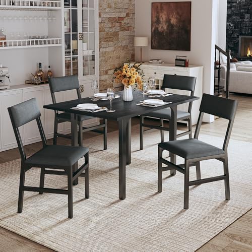 Dining Table Set for 4, Extendable Kitchen Table Cushion Chairs Set of 4, Rectangle Dining Table with Metal Frame & MDF Board, Folding for Small Apartment Saving Space, Black