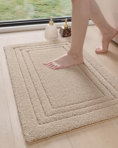 DEXI Bathroom Rug 24x16, Ultra Soft Absorbent Bath Mats for Bathroom, Shower Floor Bathmat Non Slip, Washable Bath Rugs Carpet for Tub, Sink, Beige