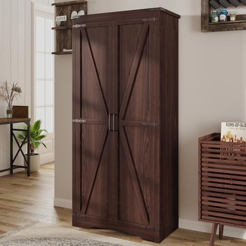Farmhouse Storage Cabinet with Adjustable Shelves, Large Pantry Organize with 2 Barn Doors, Tall Freestanding Cabinet for Kitchen, Bathroom, Garage, Basement, Living, Utility Room, Brown