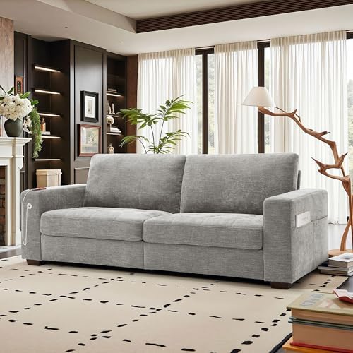 Hanherry Couch for Living Room, Modern Comfy Sofa with Medium Firm Seat Cushion, Removable Cover,Wide Armrest,USB/Type-C Port,Chenille Fabric Couches for Small Space,Apartment (Gray, 89 inch)
