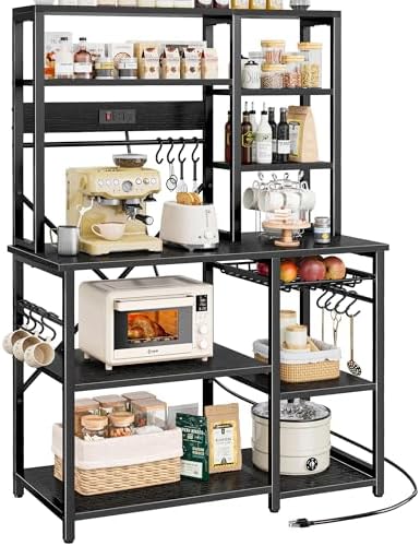 SUPERJARE Large Bakers Rack with Power Outlets, 6-Tier Microwave Stand, Coffee Bar with 12 S-Shaped Hooks, Kitchen Shelf with Wire Basket, 39.3 x 15.5 x 66.9 Inches, Black