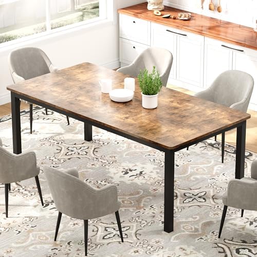GarveeHome 70.8 in Industrial Dining Table for 6, Wooden Long Dinner Table with Mortise Tenon Design, Kitchen Table with Sturdy Metal Legs, for Dining Room Home Office Living Room, Retro