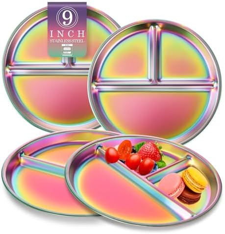 9" Stainless Steel Toddler Plates Set of 4, Divided Plate for Kids & Baby, Non Toxic Unbreakable Dishes Dinnerware Adults Portion Control Snack Container, Colorful Meal Time Chums