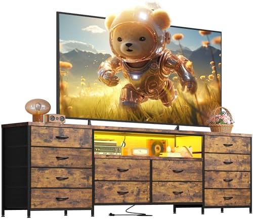 EnHomee Fits 65,70 inch Tv Stand for Bedroom 63" W Wide Dressers with LED Lights & Power Outlets 12 Long Fabric Dresser for Bedroom, Hallway Entertainment Center