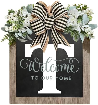 Last Name Wreaths for Front Door 2025 Year Round Front Door Wreath Front Porch Decoration 26 Letter Welcome Sign with Garland and Bow Spring Wreaths for Front Door Outside Hanger (Z01-T, One Size)