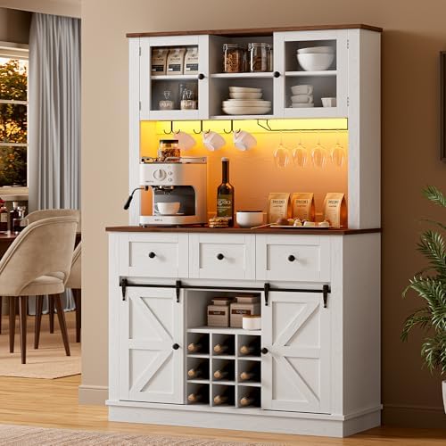 IRONCK 72'' Coffee Bar Cabinet with Storage, Large Kitchen Hutch with Power Outlet & LED Light, Tall Bar Cabinets with 3 Drawers & Wine Glass Rack, Sliding Barn Door China Cabinet for Home, White