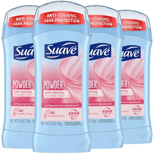 Suave Deodorant for Women, Powder Scent, 4-Pack – Antiperspirant Deodorant with 24H Sweat & Odor Protection, 2.7 Oz Ea