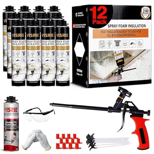 Spray Foam Insulation - Closed Cell Insulation Spray Foam Sealant 25.4 oz. Wall & Attic Acoustic Expanding Foam Spray, Covers Up to 240 Board Feet, Gun & Cleaner Included, 12 Pack