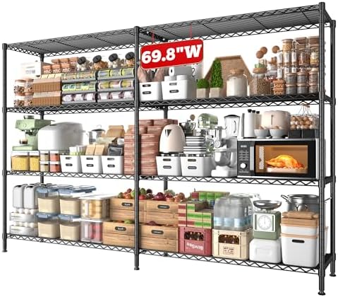 REIBII 69.8" W Storage Shelves 1250LBS Wire Shelving Unit 4 Tier Metal Shelving for Storage Rack Shelves Adjustable Heavy Duty Garage Shelf Pantry Shelves Kitchen Shelving, 69.8"Wx15.8"Dx62.9"H,Black