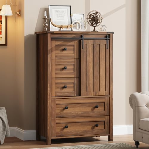 GarveeHome Farmhouse 5 Drawer Dresser for Bedroom, 48" Tall Wood Dressers Chest of Drawer with Sliding Barn Door, Adjustable Shelf, Storage Organizer for Bedroom, Hallway, Living Room, Kitchen, Walnut
