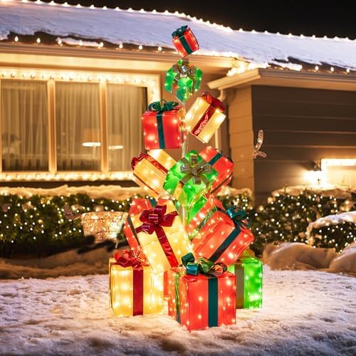 Tangkula 5.6 FT Pre-Lit Gift Box Tower, 15 PCS Lighted Christmas Boxes w/Bowknot & 483 LED Light Bulbs, Light up Xmas Box Decorations w/Ground Stakes for Indoor & Outdoor Use, Stackable Design