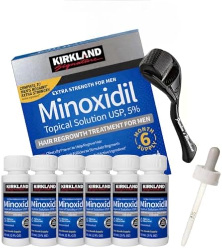 (6 Pack) Kirkland Minoxidil for Men Hair Regrowth Treatment, Liquid Extra Strength 5% Topical Solution, 6 Months Supply - Dropper Applicator and Microneedle Roller Included - Minoxidil Kirkland