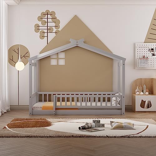 Bellemave Twin Size Montessori Floor Bed, Wood House Bed Frame, House Floor Bed for Kids, Montessori Floor Bed with Fence, Playhouse for Kids, Gray, FST00089-T-AE1
