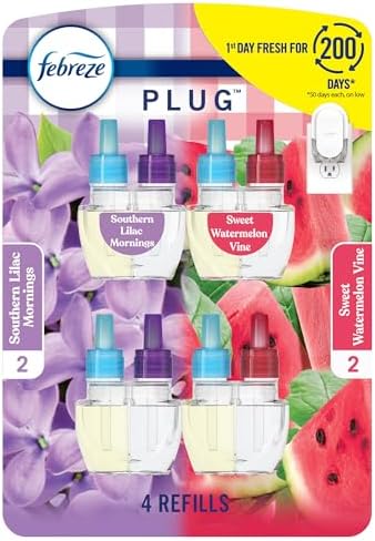 Febreze Odor-Fighting Fade Defy PLUG Air Freshener, Southern Lilac Mornings, Sweet Watermelon Vine, Pack of 4 (2 of Each), .79 fl. oz. Oil Refill