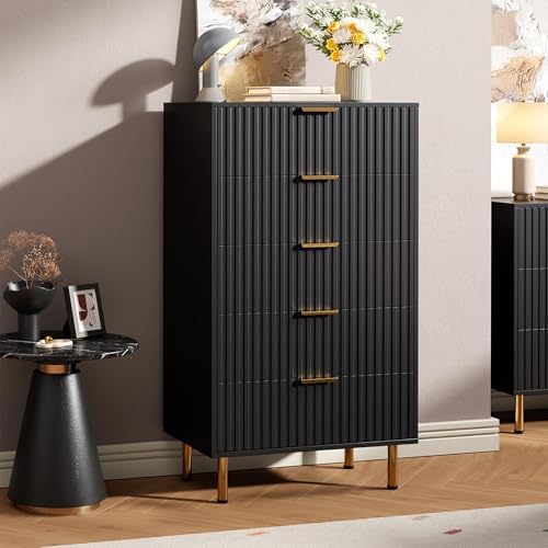 GarveeHome 5 Drawer Dresser for Bedroom, 48 in Tall Modern Chest of Drawers with Deep Drawers and Wide Top, Fluted Wooden Dresser Organizer for Living Room, Hallway, Kids Room, Black