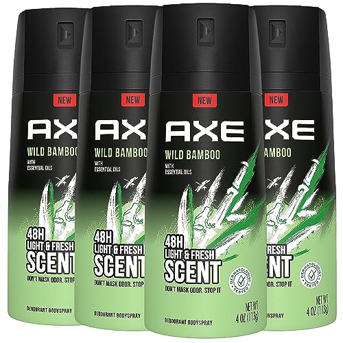 AXE Wild Bamboo Men's Body Spray Deodorant 48hr Odor Protection With Essential Oils Aluminum Free Deodorant Body Spray 4 oz (Pack of 4)