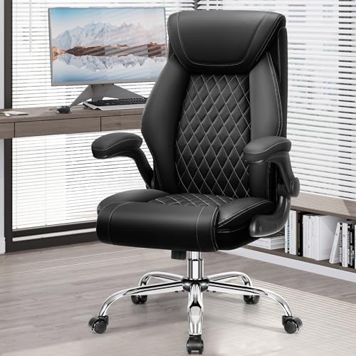 Office Chair, Ergonomic High Back Home Office Desk Chair, Big and Tall Breathable Leather Office Chair with Lumbar Support Flip-Up Armrests, Computer Chair with Rocking Function