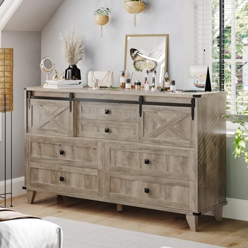 Hasuit Farmhouse 6 Drawer Dresser for Bedroom, Retro Chest of Drawers with Sliding Barn Door, Bedroom Long Storage Dressers Organizer, Rustic Oak