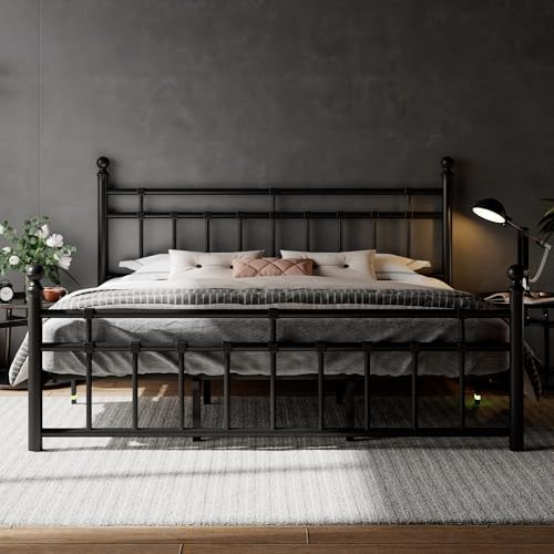 Feonase King Size Metal Platform Bed Frame with Victorian Classic Iron-Art Headboard & Footboard, Steel Slats Support, 12" Under Bed Storage, No Box Spring Needed, Easy Assembly, Noise-Free, Black