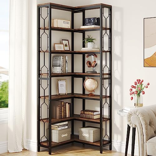Tribesigns Corner Shelf, 7-Tier Industrial Corner Bookshelf, Wood and Metal Etagere Bookcase, Freestanding Display Shelf for Living Room, Kitchen, Home Office, Rustic Brown