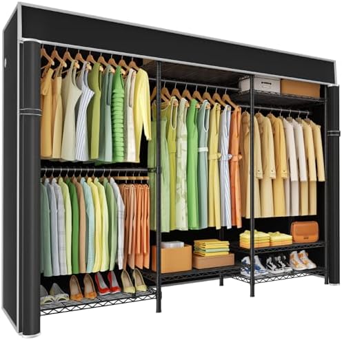 Ulif E13C Heavy Duty Closet Organizer System,Freestanding Clothing Racks for Hanging Clothes,Adjustable Garment Rack 63" W x 16" D x 77" H Hold 960 lbs,Black Clothing Rack with Black Dustproof Cover