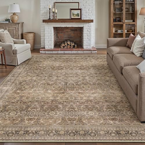 HUGEAR Area Rug 8x10 Vintage Brown Machine Washable Living Room Rugs Distressed Retro Floral Vacuumable Low Pile Carpet Bedroom Office Dining Room Laundry Room Non Slip Soft Lightweight