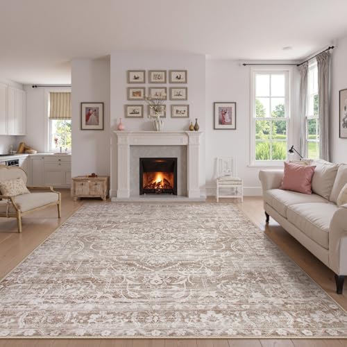 Lahome Area Rugs 9x12 Living Room - Vintage Washable Large Rugs For Living Room Non Slip Ultra-Thin Soft Bedroom Rugs, Neutral Farmhouse Stain Resistant Boho Rug For Dining Room Office (Taupe, 9'X12')