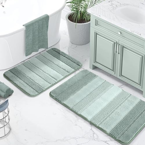 Kmson 2 Pcs Ombre Chenille Bathroom Rugs Set, Non-Slip Shower Mats for Bathroom Floor & Bathtub, Ultra Soft Washable Shaggy Bath Rugs, Thick Absorbent Microfiber Bath Mat Set Green