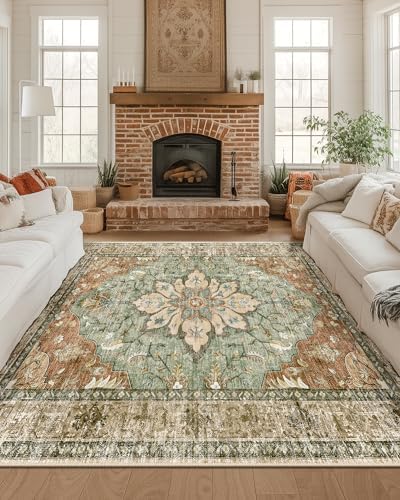 Area Rugs Square 8ft Washable Non-Slip, Floral Vintage Distress Print Pattern Medallion Carpet for Living Room Bedroom Dining Room, Brick Red Rust Neutral Brown Burnt Orange Green