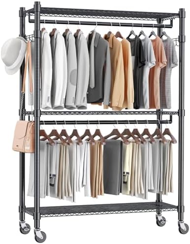 Homdox Rolling Garment Rack with Double Rod, Heavy Duty Clothing Rack with Shelves, Portable Clothes Rack, Free Standing Wardrobe Rack, with Lockable Wheels & Hanging Hooks, Max Load 450 LBS, Black