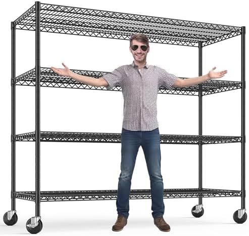 REIBII 75.6" H Storage Shelves 2500LBS Wire Shelving Unit with Wheels Garage Shelving Heavy Duty Metal Shelves for Storage Rack Adjustable Pantry Shelf Commercial Shelving, 75.6" H X 55.5''W X 24" D