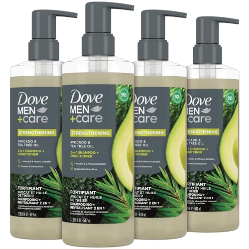 Dove Men+ Care 2-in-1 Shampoo & Conditioner, Avocado & Tea Tree, Strengthening – Men’s Shampoo & Conditioner, Sulfate-Free, with Vitamin E, Zinc & Copper for Strong, Healthy Hair, 17.5 Oz (Pack of 4)