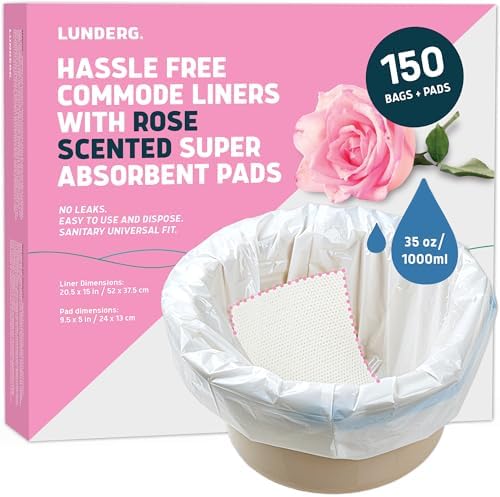 Lunderg 150 Count Value Pack - Rose Scented Disposable Commode Liners and Absorbent Pads for Adult Chairs and Portable Toilets