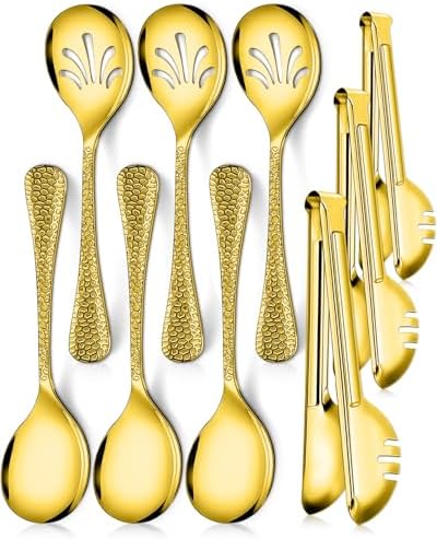 Teivio Hammered Stainless Steel Metal Serving Utensils Set of 9, 10" Serving Spoons, 10" Slotted Spoons, 9" Serving Tongs, Large Hostess Serving Set for Parties Chafing Dish Buffet Catering (Gold)