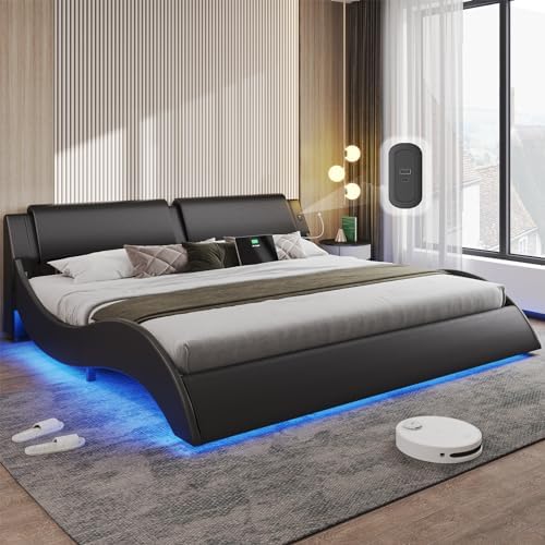 DICTAC King Size Bed Frame with Headboard and Charging Ports Modern Low Profile King Platform Bed Frame with LED Lights Wave Like Curve Led Bed Frame,Wood Slats Support,Easy Assembly,Black