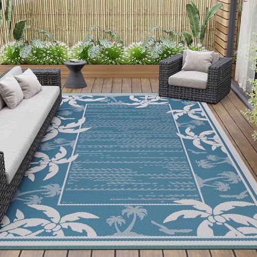 COCOER Outdoor-Rug 5x8 ft Waterproof Reversible Outdoor Plastic Straw Rug RV Indoor Outdoor Carpet Quick Dry Patio Rug Camping Mat for Balcony Backyard Picnic Beach-Blue&White