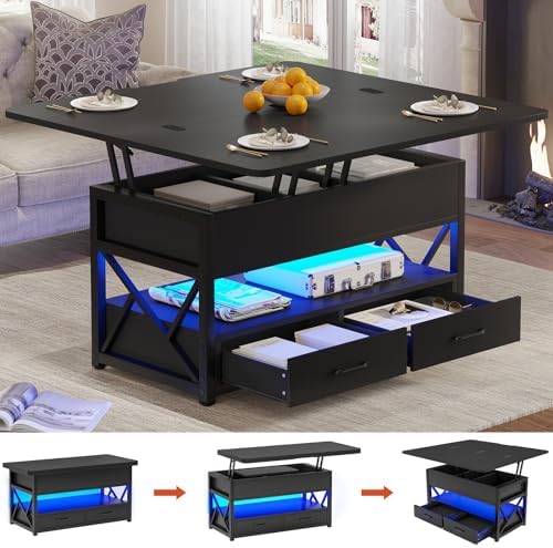 Itaar 40" Lift Top Coffee Table, 4 in 1 Coffee Tables with Storage for Living Room, Small Farmhouse Coffee Table with 2 Drawers & LED Light for Dining Reception Room, Black