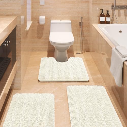ACCUMTEK Striped Ice Cream Bathroom Rug Set 3 Pieces Ultra Soft, Non Slip Chenille Toilet Mat, Absorbent Plush Shaggy Bath Mats for Bathroom, Bedroom, Kitchen