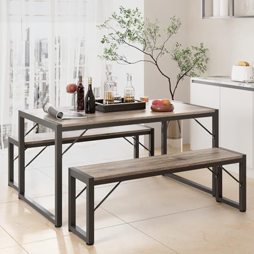 Gizoon 45.5" Dining Table Set for 4 with 2 Benches, Kitchen Table Set with Metal Frame & MDF Board, Space-Saving Dinette for Kitchen, Dining Room -Grey